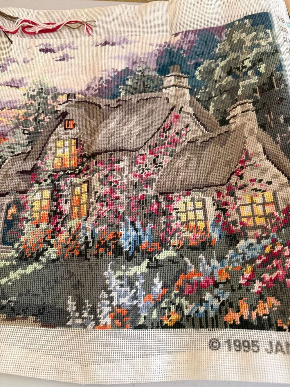 Vintage 1995 Janlynn English Cottage Needlepoint 18x14 Partially Finished
